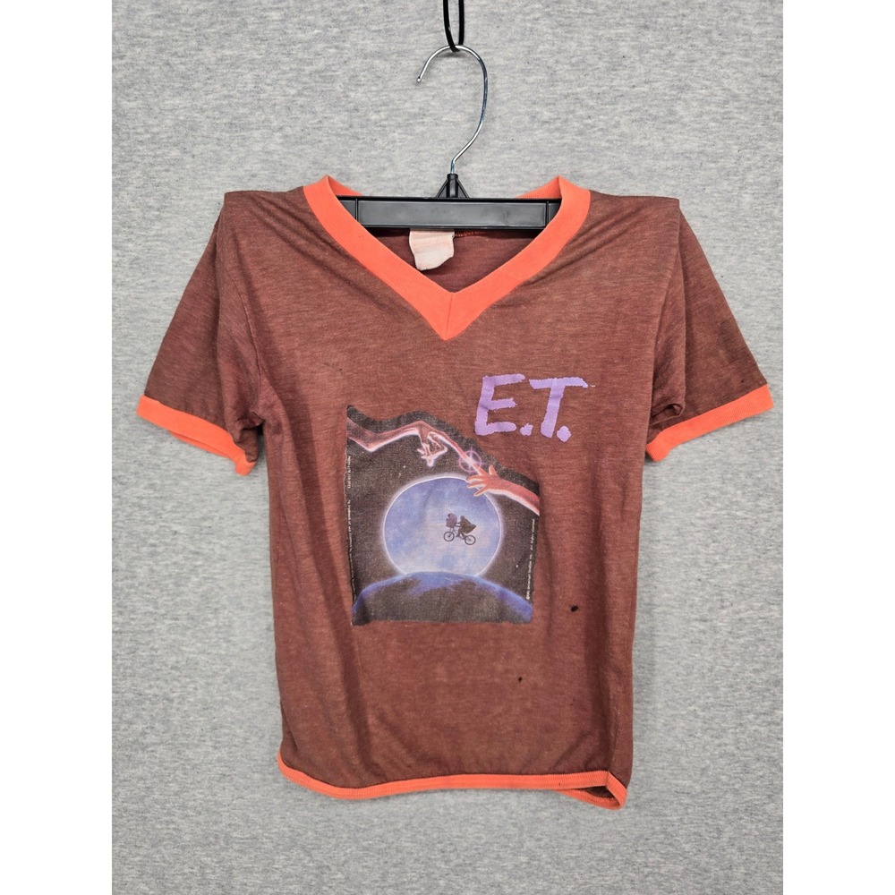 Vintage 1982 E.T. The Extra-Terrestrial Ringer Tee Kids Brown Orange V-Neck Tee